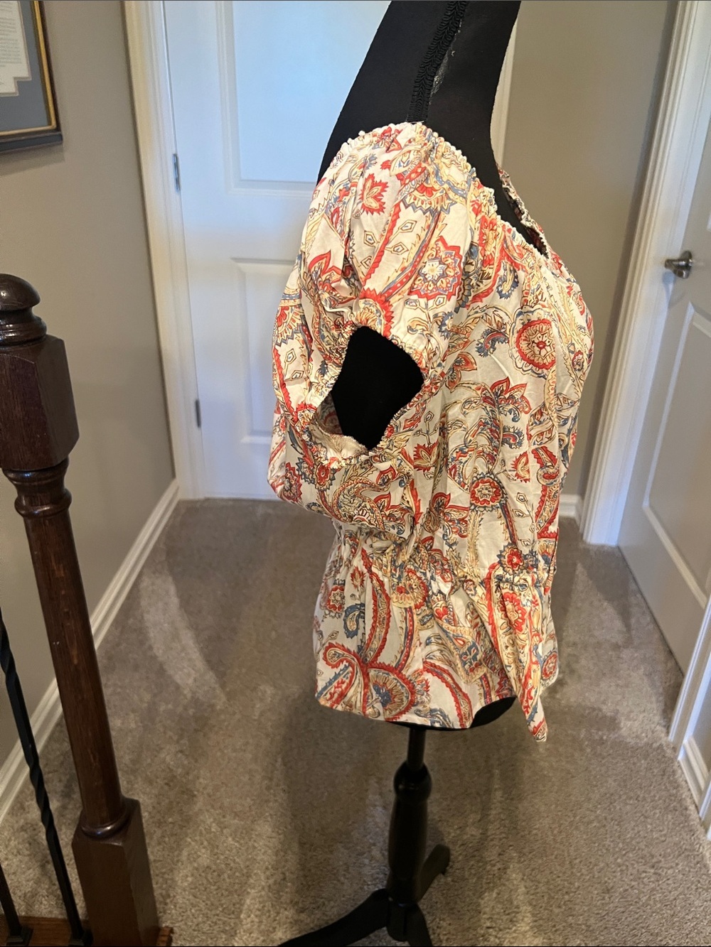 Cato White Blouse with Red and Blue Paisley Puff Sleeves - Picture 8 of 13